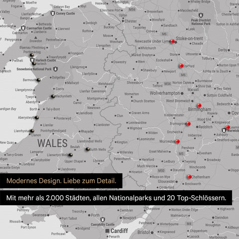 Ausschnitt einer Landkarte von Wales und England in Farbe Coolgray (Hellgrau) mit Pins zur Markierung von besuchten Reisezielen