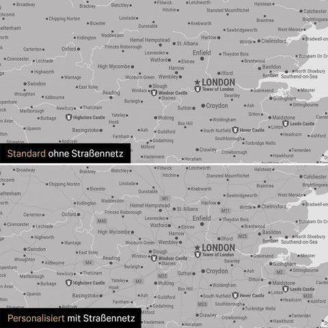 Vergleich einer England-Karte in Farbe Coolgray (Hellgrau) mit und ohne Straßennetz