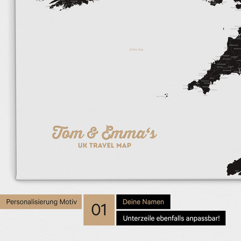 UK-Karte Pinn-Leinwand in Farbe Light Black (Weiß Schwarz) mit personalisiertem Text