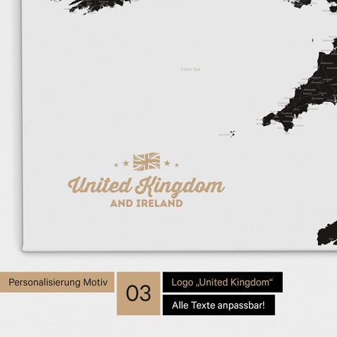 Karte von Großbritannien in Farbe Light Black (Weiß Schwarz) als Leinwand zum Pinnen mit einer optionalen Personalisierung „United Kingdom“