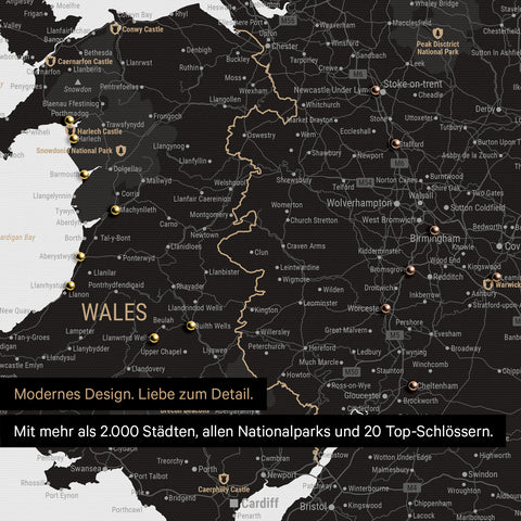 Ausschnitt einer Landkarte von Wales und England in Farbe Light Black (Weiß Schwarz) mit Pins zur Markierung von besuchten Reisezielen