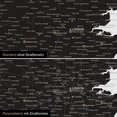 Vergleich einer England-Karte in Farbe Light Black (Weiß Schwarz) mit und ohne Straßennetz