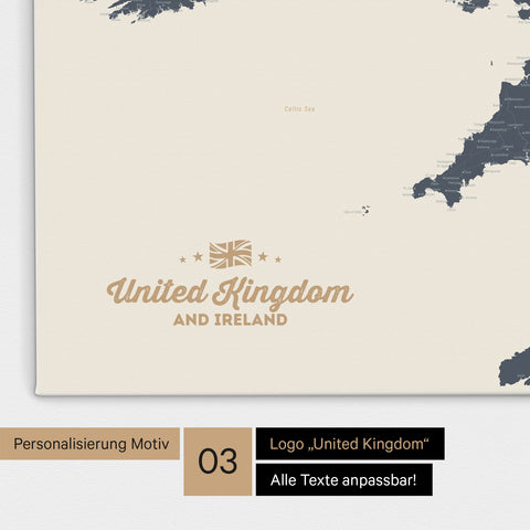 Karte von Großbritannien in Farbe Navy Light als Leinwand zum Pinnen mit einer optionalen Personalisierung „United Kingdom“