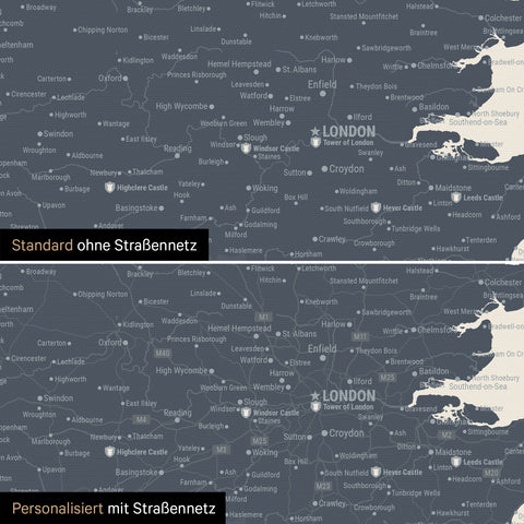 Vergleich einer England-Karte in Farbe Navy Light mit und ohne Straßennetz