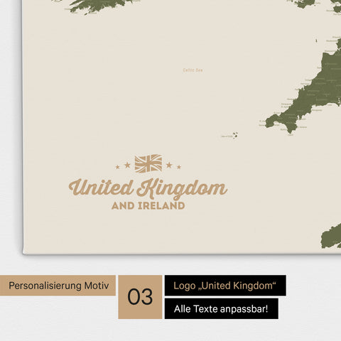 Karte von Großbritannien in Farbe Olive Green (Grün-Gold) als Leinwand zum Pinnen mit einer optionalen Personalisierung „United Kingdom“