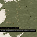 Ausschnitt einer Landkarte von Wales und England in Farbe Olive Green (Grün-Gold) mit Pins zur Markierung von besuchten Reisezielen