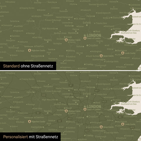 Vergleich einer England-Karte in Farbe Olive Green (Grün-Gold) mit und ohne Straßennetz