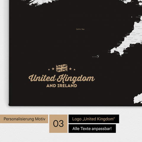 Karte von Großbritannien in Farbe Schwarz-Weiß als Leinwand zum Pinnen mit einer optionalen Personalisierung „United Kingdom“