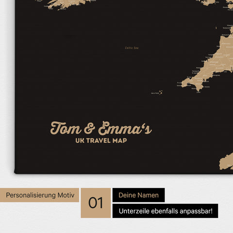 UK-Karte Pinn-Leinwand in Farbe Sonar Black (Schwarz Gold) mit personalisiertem Text
