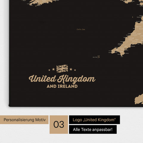 Karte von Großbritannien in Farbe Sonar Black (Schwarz Gold) als Leinwand zum Pinnen mit einer optionalen Personalisierung „United Kingdom“