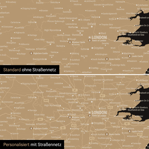 Vergleich einer England-Karte in Farbe Sonar Black (Schwarz Gold) mit und ohne Straßennetz