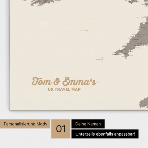 UK-Karte Pinn-Leinwand in Farbe Warmgray (Braun-Grau) mit personalisiertem Text