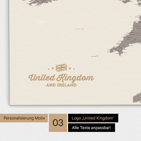 Karte von Großbritannien in Farbe Warmgray (Braun-Grau) als Leinwand zum Pinnen mit einer optionalen Personalisierung „United Kingdom“