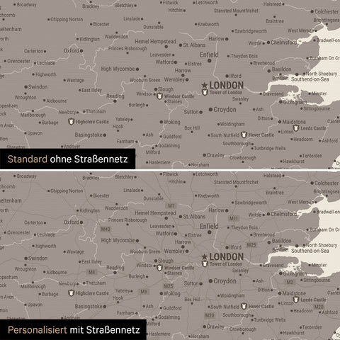 Vergleich einer England-Karte in Farbe Warmgray (Braun-Grau) mit und ohne Straßennetz