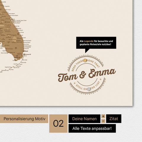 Personalisierte Magnet-USA-Karte mit eingedruckten Namen und einer Legende zur Markierung von besuchten Orten