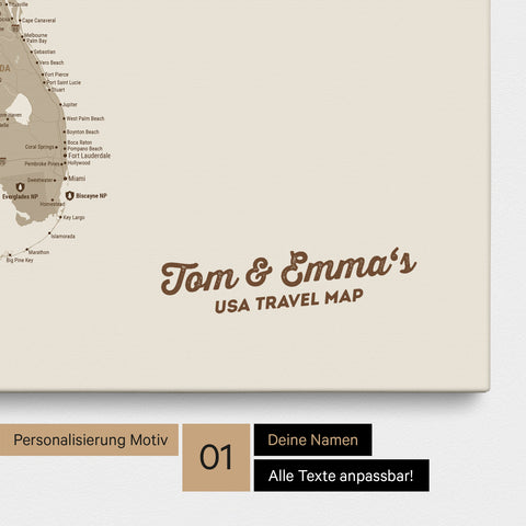 USA Amerika Karte mit hohem Detailgrad als Pinnwand Leinwand in Beige mit Personalisierung und Eindruck mit deinem Namen