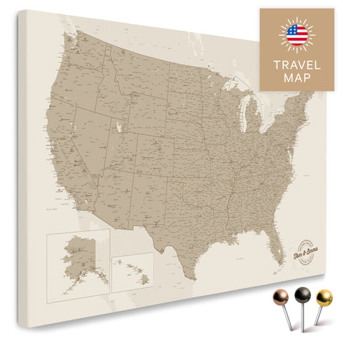 USA Amerika Karte in Beige mit sehr hohem Detailgrad als Pinnwand Leinwand zum Pinnen und Markieren von Reisezielen kaufen