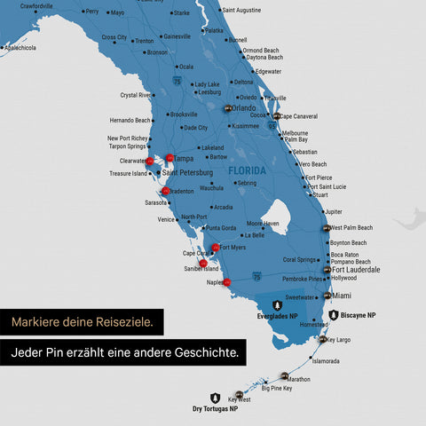 Sehr detaillierte USA Amerika Karte als Pinn-Leinand in Blau zeigt Reiseziele in Florida