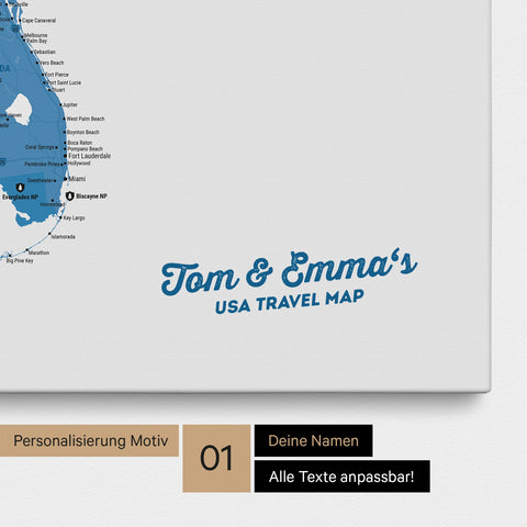 USA Amerika Karte mit hohem Detailgrad als Pinnwand Leinwand in Blau mit Personalisierung und Eindruck mit deinem Namen