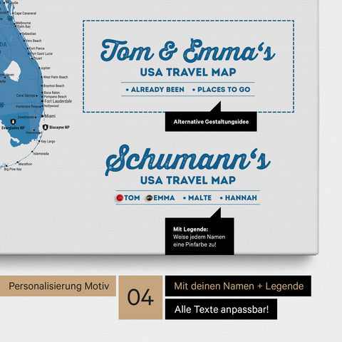 Detaillierte USA Amerika Karte als Pinn-Leinwand in Blau mit Personalisierung als Logo für die gesamte Familie