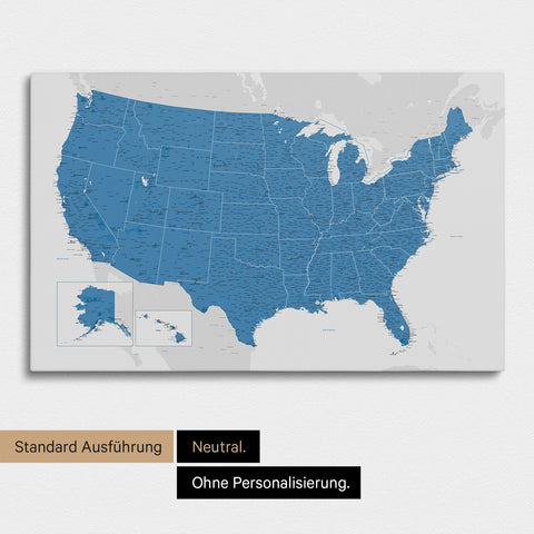 Neutrale und schlichte Ausführung einer USA Amerika Karte als Pinn-Leinwand in Blau