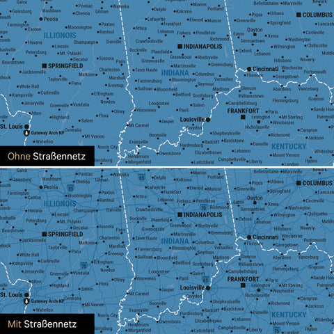 USA Amerika Karte Pinn-Leinwand in Blau optional mit dem Straßennetz der größten Highways und Interstates