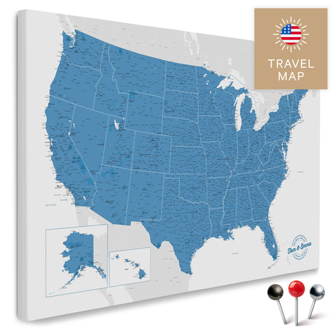 USA Amerika Karte in Blau mit sehr hohem Detailgrad als Pinnwand Leinwand zum Pinnen und Markieren von Reisezielen kaufen
