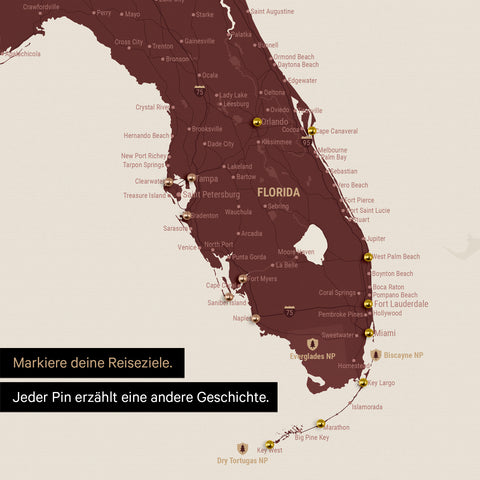 Sehr detaillierte USA Amerika Karte als Pinn-Leinand in Bordeaux Rot zeigt Reiseziele in Florida