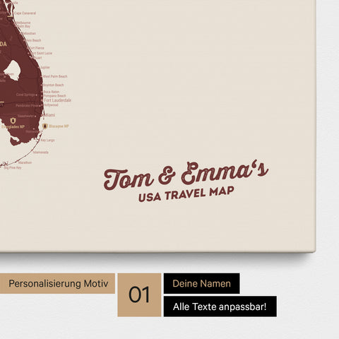 USA Amerika Karte mit hohem Detailgrad als Pinnwand Leinwand in Bordeaux Rot mit Personalisierung und Eindruck mit deinem Namen