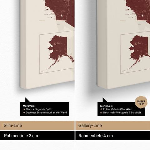 USA Amerika Karte TRAVEL® Pinnwand Leinwand – Bordeaux Rot