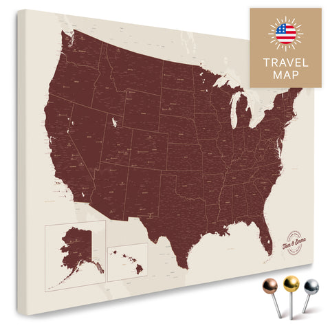 USA Amerika Karte in Bordeaux Rot mit sehr hohem Detailgrad als Pinnwand Leinwand zum Pinnen und Markieren von Reisezielen kaufen