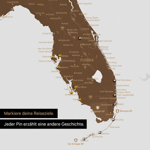 Sehr detaillierte USA Amerika Karte als Pinn-Leinand in Braun zeigt Reiseziele in Florida