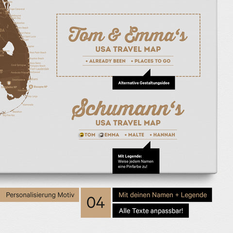 Detaillierte USA Amerika Karte als Pinn-Leinwand in Braun mit Personalisierung als Logo für die gesamte Familie