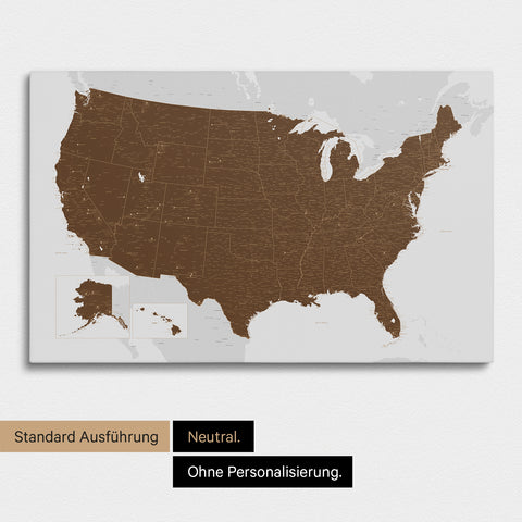 Neutrale und schlichte Ausführung einer USA Amerika Karte als Pinn-Leinwand in Braun