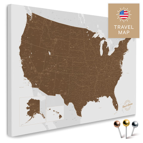 USA Amerika Karte in Braun mit sehr hohem Detailgrad als Pinnwand Leinwand zum Pinnen und Markieren von Reisezielen kaufen