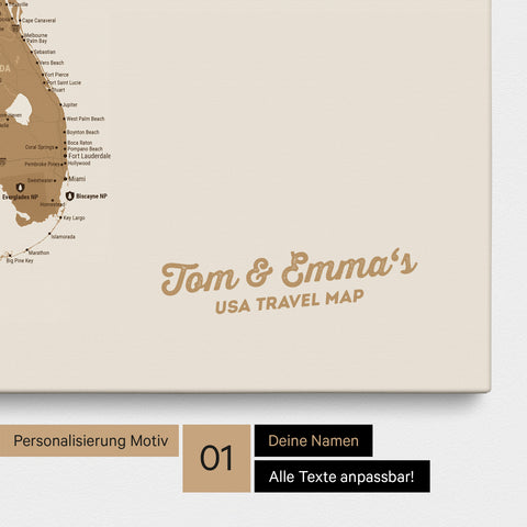 USA Amerika Karte mit hohem Detailgrad als Pinnwand Leinwand in Bronze mit Personalisierung und Eindruck mit deinem Namen