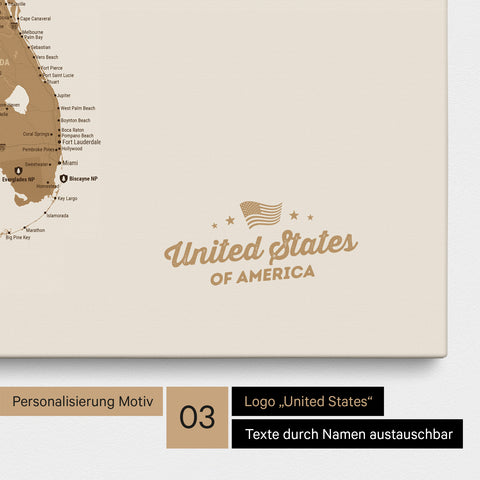 Pinnwand Leinwand einer USA Amerika Karte in Bronze mit eingedrucktem Logo „United States"