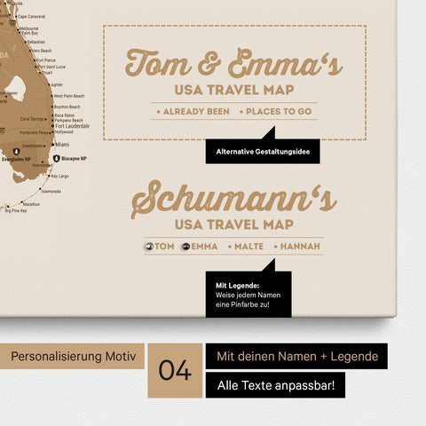 Detaillierte USA Amerika Karte als Pinn-Leinwand in Bronze mit Personalisierung als Logo für die gesamte Familie