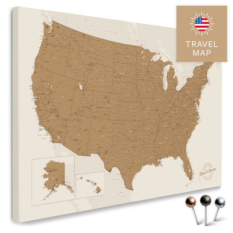 USA Amerika Karte in Bronze mit sehr hohem Detailgrad als Pinnwand Leinwand zum Pinnen und Markieren von Reisezielen kaufen