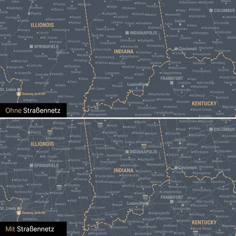 USA Amerika Karte Pinn-Leinwand in Denim Blue optional mit dem Straßennetz der größten Highways und Interstates