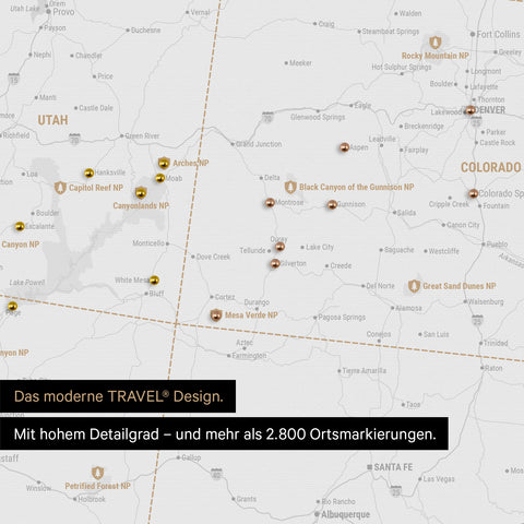 Ausschnitt einer USA Amerika Karte in Dunkelgrau zeigt Reiseziele und Highlights in Colorado und Utah