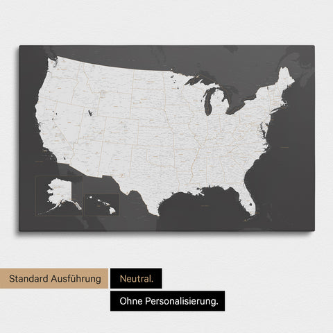 Neutrale und schlichte Ausführung einer USA Amerika Karte als Pinn-Leinwand in Dunkelgrau