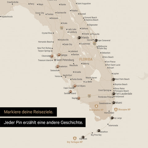 Sehr detaillierte USA Amerika Karte als Pinn-Leinand in Gold zeigt Reiseziele in Florida