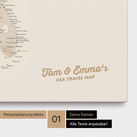 USA Amerika Karte mit hohem Detailgrad als Pinnwand Leinwand in Gold mit Personalisierung und Eindruck mit deinem Namen