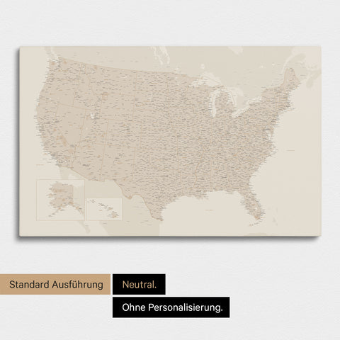 Neutrale und schlichte Ausführung einer USA Amerika Karte als Pinn-Leinwand in Gold