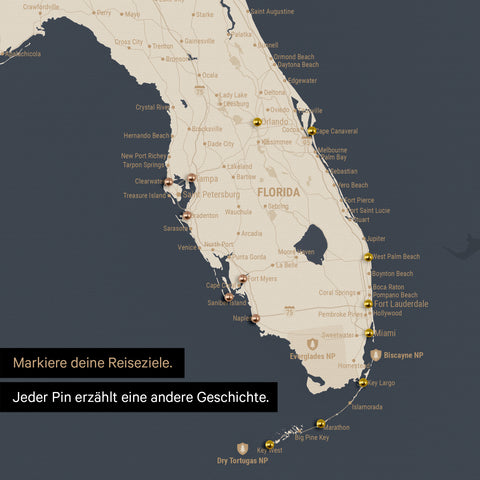 Sehr detaillierte USA Amerika Karte als Pinn-Leinand in Hale Navy (Dunkelblau) zeigt Reiseziele in Florida