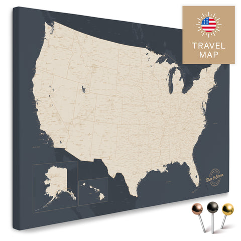 USA Amerika Karte in Hale Navy (Dunkelblau) mit sehr hohem Detailgrad als Pinnwand Leinwand zum Pinnen und Markieren von Reisezielen kaufen