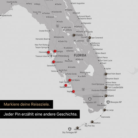 Sehr detaillierte USA Amerika Karte als Pinn-Leinand in Hellgrau zeigt Reiseziele in Florida