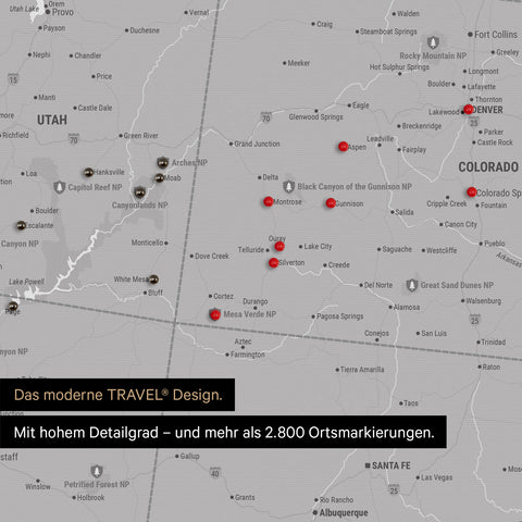 Ausschnitt einer USA Amerika Karte in Hellgrau zeigt Reiseziele und Highlights in Colorado und Utah