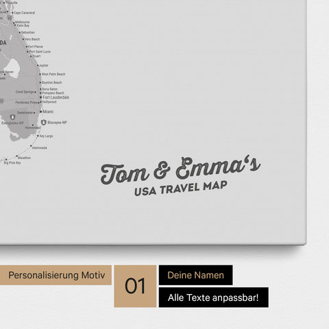 USA Amerika Karte mit hohem Detailgrad als Pinnwand Leinwand in Hellgrau mit Personalisierung und Eindruck mit deinem Namen